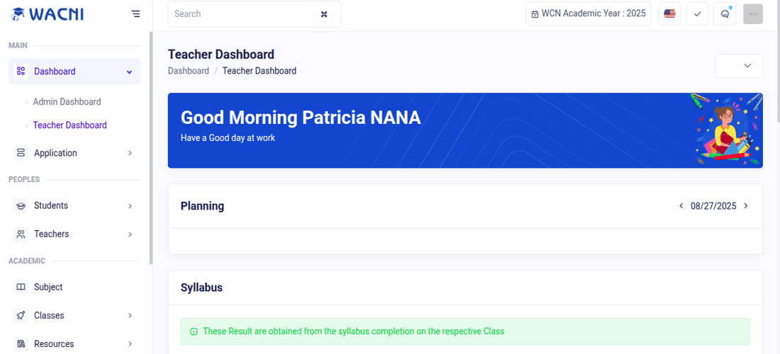 Tableau de bord des enseignants dans Wacni